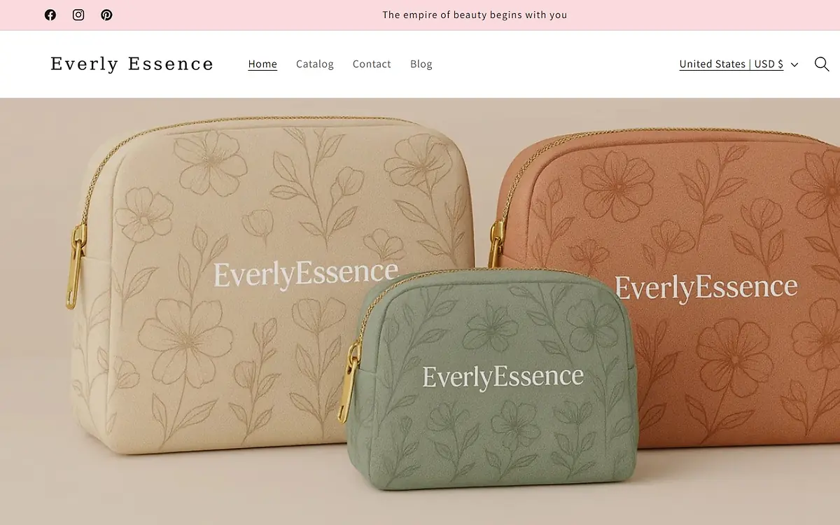 Everly Essence Shopify storefront homepage for a cosmetics brand