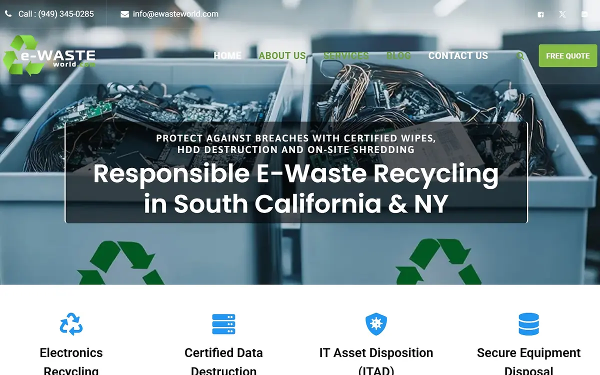 eWasteWorld website homepage showing certified e-waste recycling services