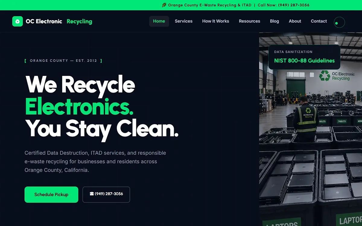 OC Electronic Recycling website homepage with environmental impact statistics
